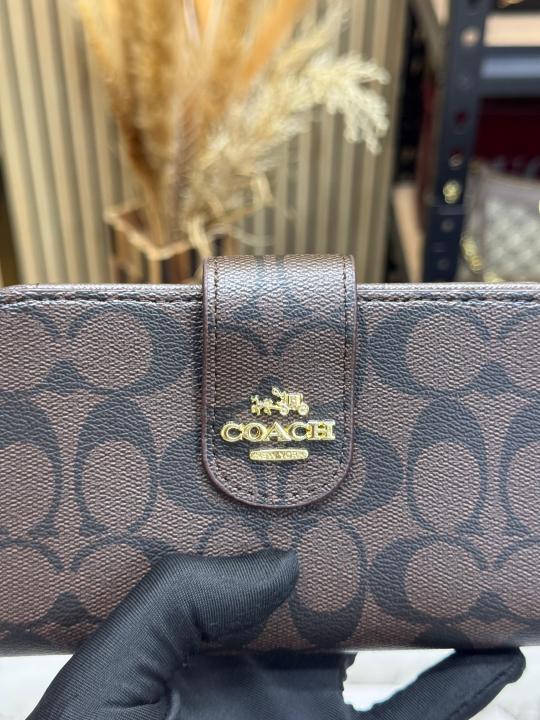 Coac_h Signature Monogram Canvas Long Wallet with Snap Closure (Coffee) (61306)