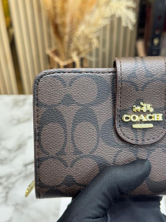 Coac_h Signature Monogram Canvas Long Wallet with Snap Closure (Coffee) (61306)