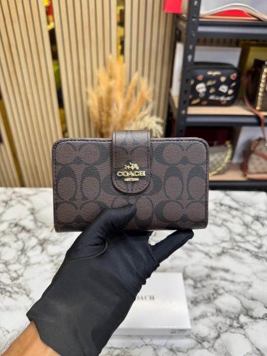 Coac_h Signature Monogram Canvas Long Wallet with Snap Closure (Coffee) (61306)