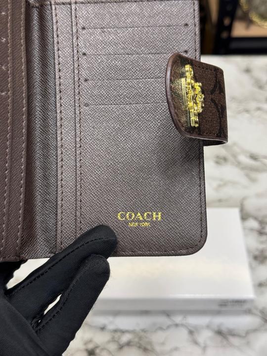 Coac_h Signature Monogram Canvas Long Wallet with Snap Closure (Coffee) (61306)