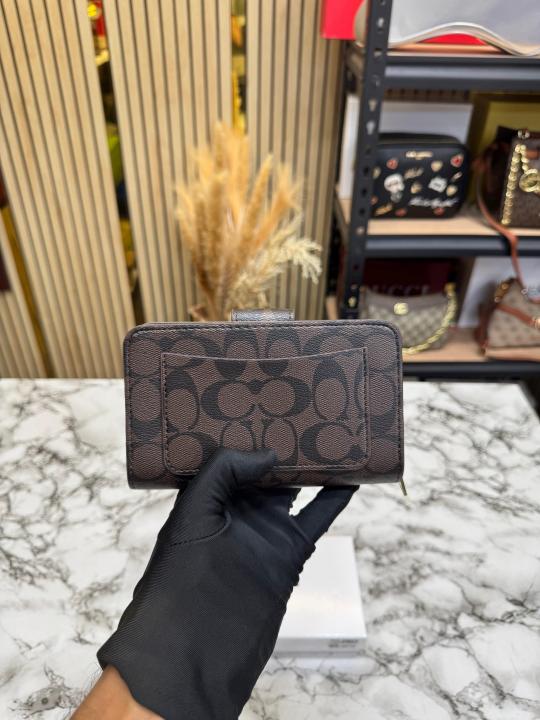 Coac_h Signature Monogram Canvas Long Wallet with Snap Closure (Coffee) (61306)