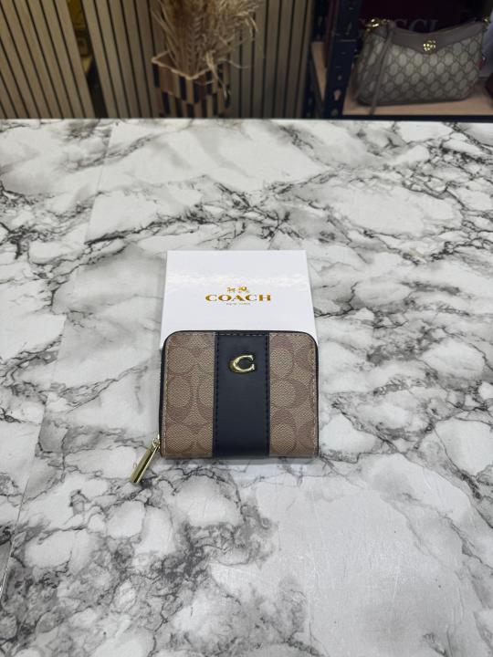 Coac_h Noir Stripe Mini Zipper Wallet With Box (AAA60017) (Apricot)