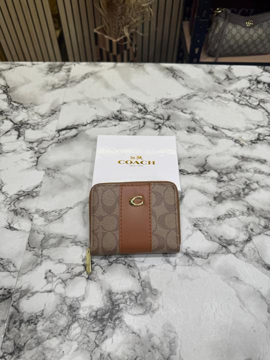 Coac_h Noir Stripe Mini Zipper Wallet With Box (AAA60017) (Brown)
