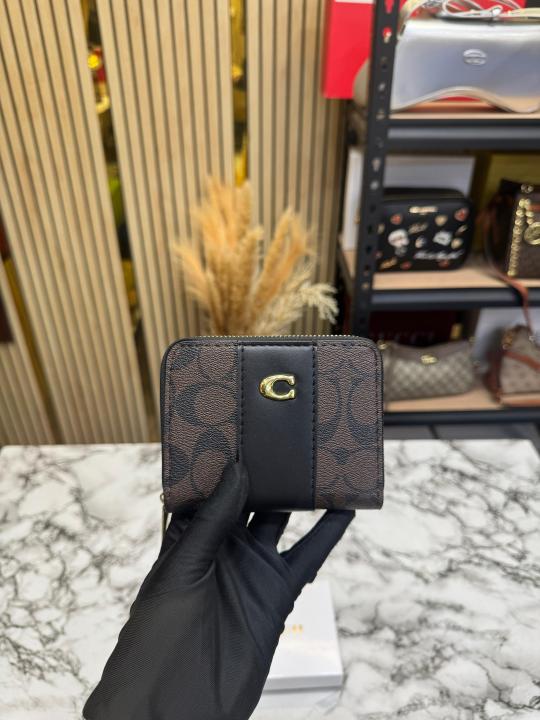 Coac_h Noir Stripe Mini Zipper Wallet With Box (AAA60017) (Coffee)