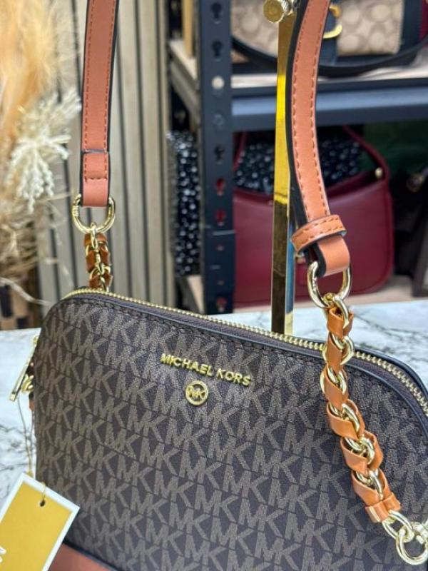 Michael_Kors Jet Set Charm Logo Dome Saffiano Leather Crossbody Bag (Brown-23032)