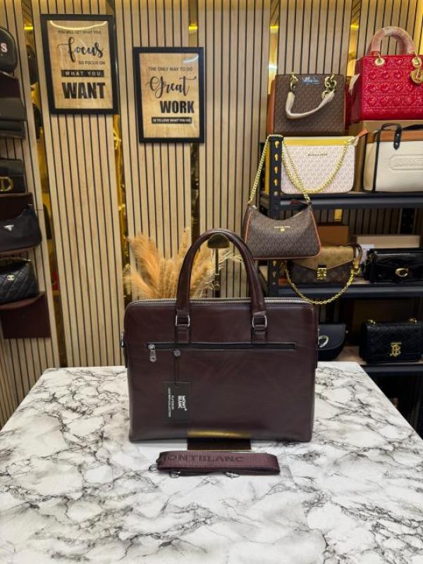 Mont Blanc Dark Brown Leather Laptop Bag With Shoulder Strap