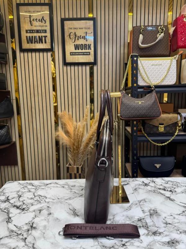 Mont Blanc Dark Brown Leather Laptop Bag With Shoulder Strap