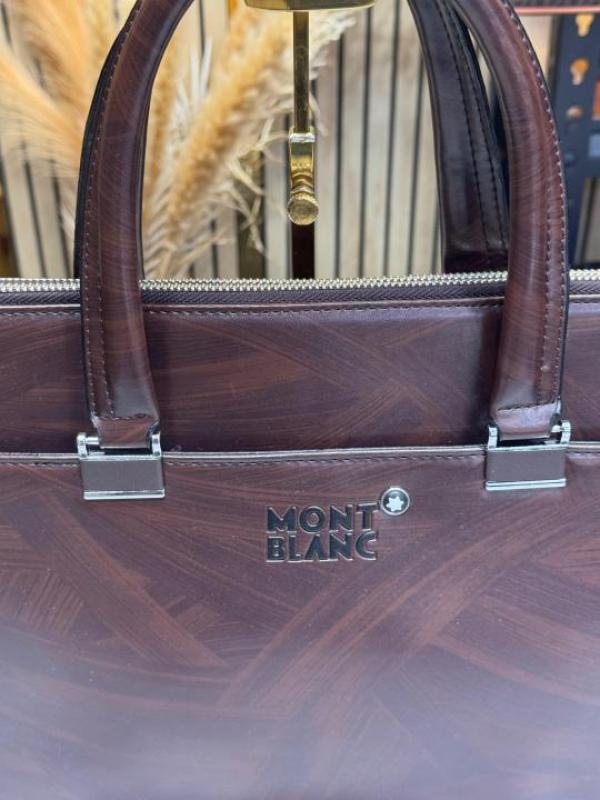 Mont Blanc Dark Brown Leather Laptop Bag With Shoulder Strap