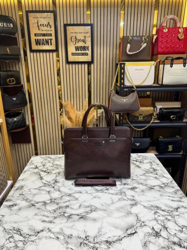 Mont Blanc Dark Brown Leather Laptop Bag With Shoulder Strap