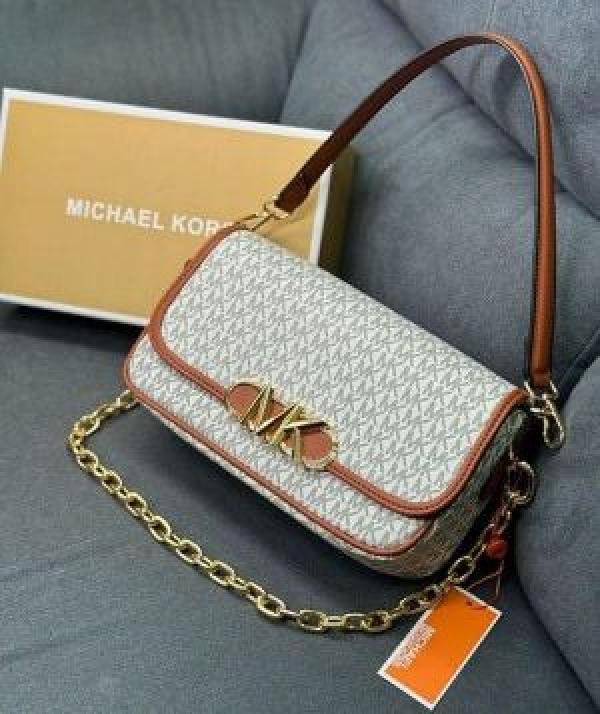 MICHAEL_KORS MK PARKER LEATHER SHOULDER BAG WITH OG BOX AND DUST BAG WITH SHOULDER STRAP WITH CARRY BAG (BIEGE BROWN)