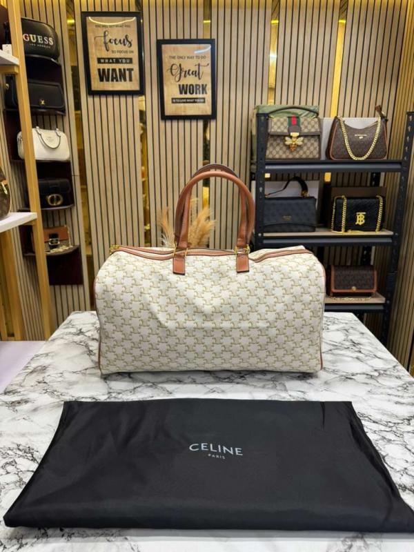 Celine Premium Quality Triomphe Canvas Duffle Travel Bag With Dust Bag (White Flower)