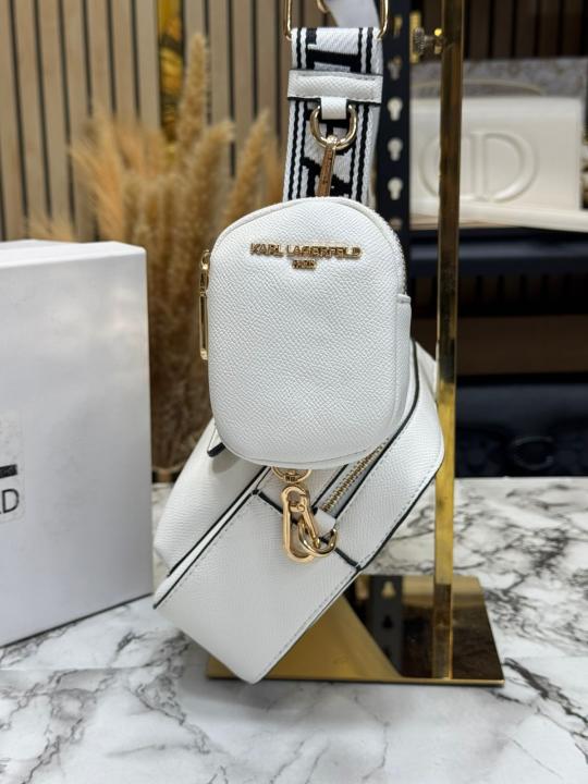 Karl Lagerfeld Maybelle Paris Camera Crossbody Bag With Pouch Premium Quality (White)