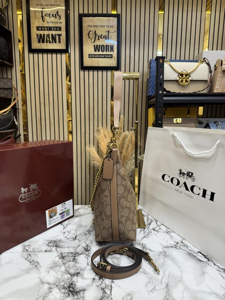 Coac_h Signature Chain Hobo Shoulder Bag With Box And Dust Bag Including Carry Bag (8086) (Apricot)