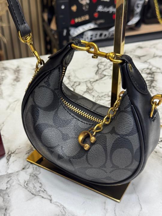 Coac_h Mira Crescent Shoulder Bag With C-Charm Signature Canvas With Box And Dust Bag (Black) (33118)