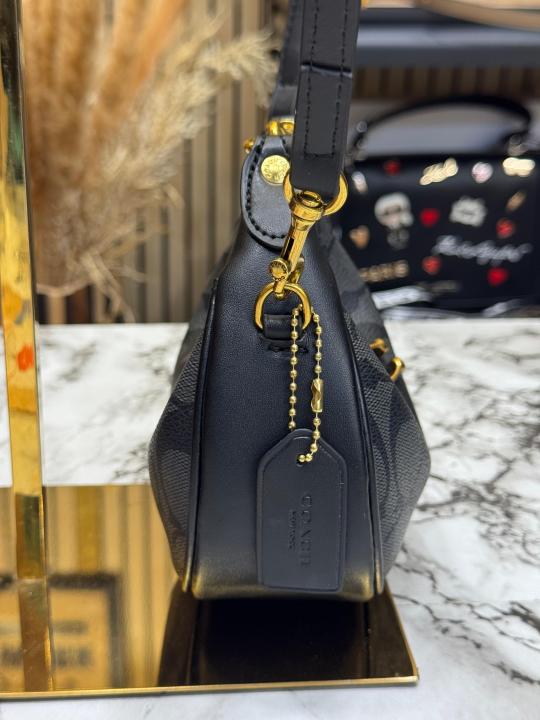 Coac_h Mira Crescent Shoulder Bag With C-Charm Signature Canvas With Box And Dust Bag (Black) (33118)