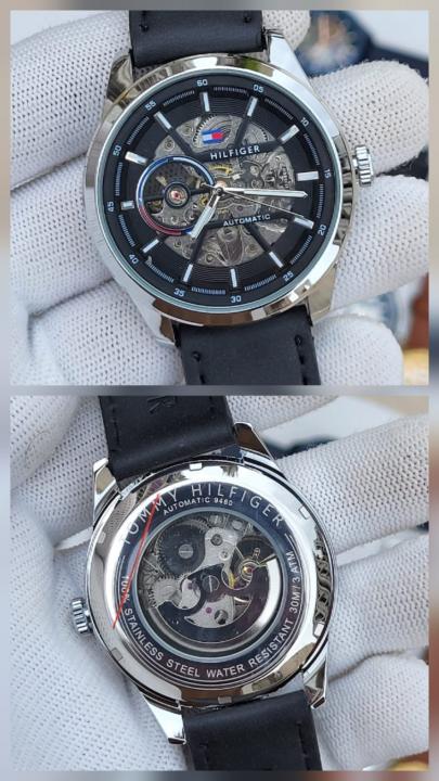Tomm y Hilfiger Automatic Leather Belt Black Silver Black AT143