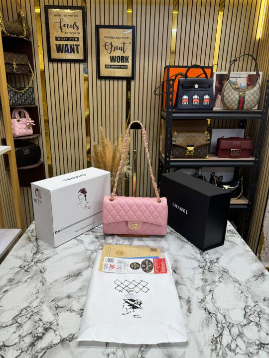 Chane_l Classic Flap Quilted Chain Shoulder Bag With Double Og Box And Dust Bag (6657-Pink)