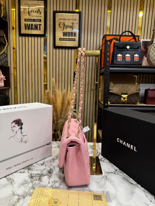 Chane_l Classic Flap Quilted Chain Shoulder Bag With Double Og Box And Dust Bag (6657-Pink)