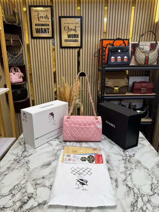 Chane_l Classic Flap Quilted Chain Shoulder Bag With Double Og Box And Dust Bag (6657-Pink)