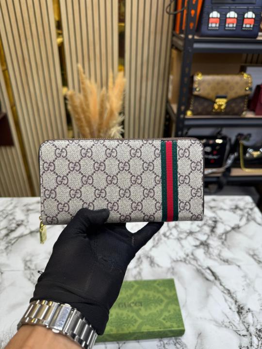 Gucc_i Big GG Monogram Stripe Long Zipper Wallet With Box (C5131-apricot)