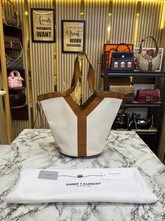 Ysl Saint Laurent Paris Y-Line Bucket Tote Bag (White-Brown)