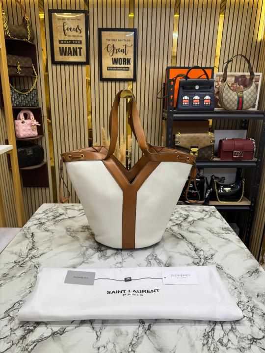 Ysl Saint Laurent Paris Y-Line Bucket Tote Bag (White-Brown)