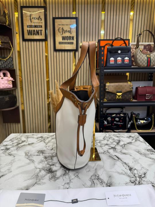 Ysl Saint Laurent Paris Y-Line Bucket Tote Bag (White-Brown)