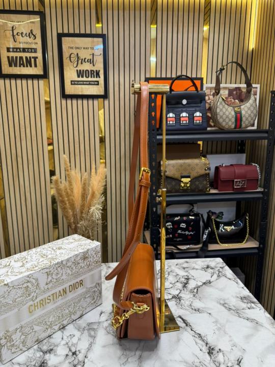 Christian Dio_r Signature Leather Saddle Shoulder Bag With Gold Chain (Caramel Brown)