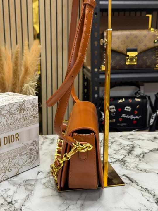 Christian Dio_r Signature Leather Saddle Shoulder Bag With Gold Chain (Caramel Brown)