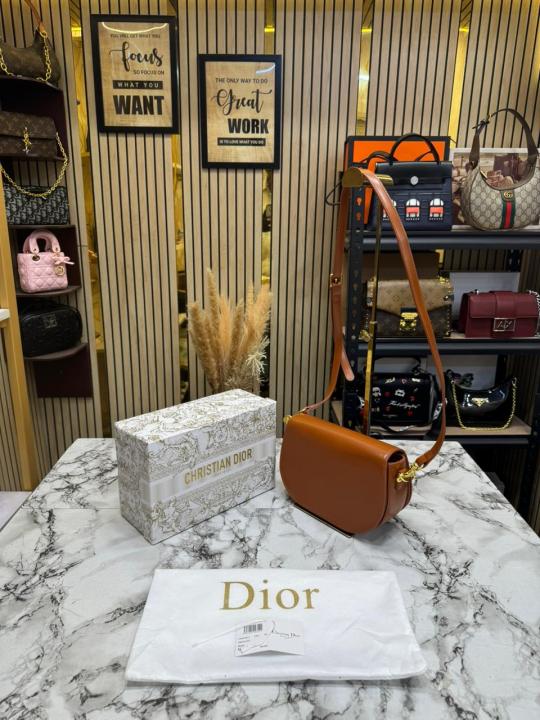 Christian Dio_r Signature Leather Saddle Shoulder Bag With Gold Chain (Caramel Brown)