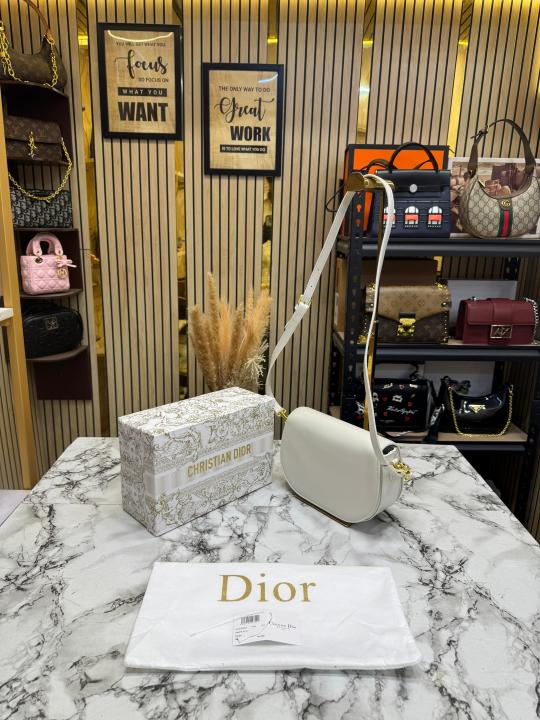Christian Dio_r Signature Leather Saddle Shoulder Bag With Gold Chain (White)