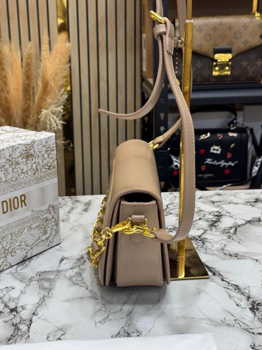 Christian Dio_r Signature Leather Saddle Shoulder Bag With Gold Chain (Khaki)