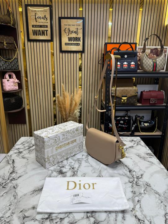 Christian Dio_r Signature Leather Saddle Shoulder Bag With Gold Chain (Khaki)
