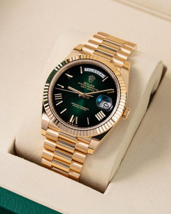 Rolee_x Oyster Perpetual Day Date Automatic Gold Green