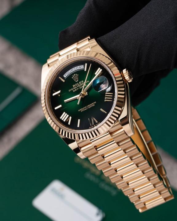 Rolee_x Oyster Perpetual Day Date Automatic Gold Green