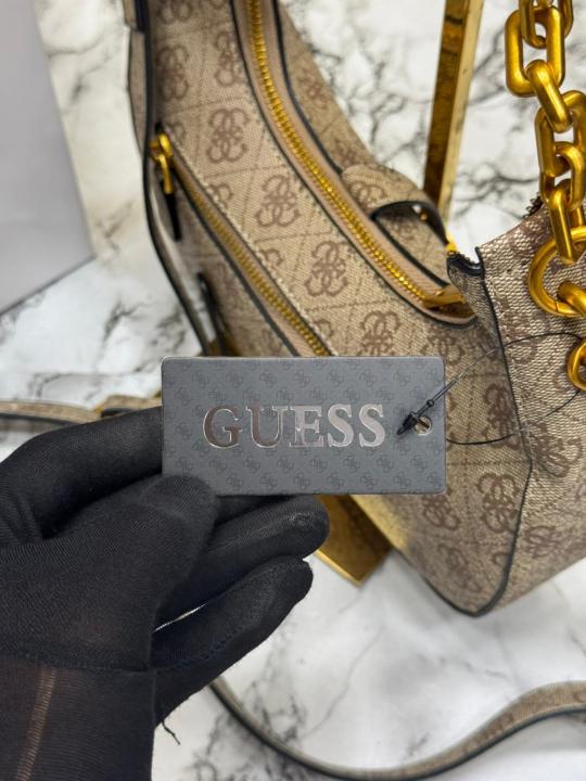 Guess Signature Crescent Hobo Shoulder Bag With Gold Chain (Stone Beige)