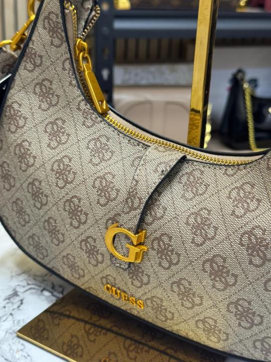 Guess Signature Crescent Hobo Shoulder Bag With Gold Chain (Stone Beige)