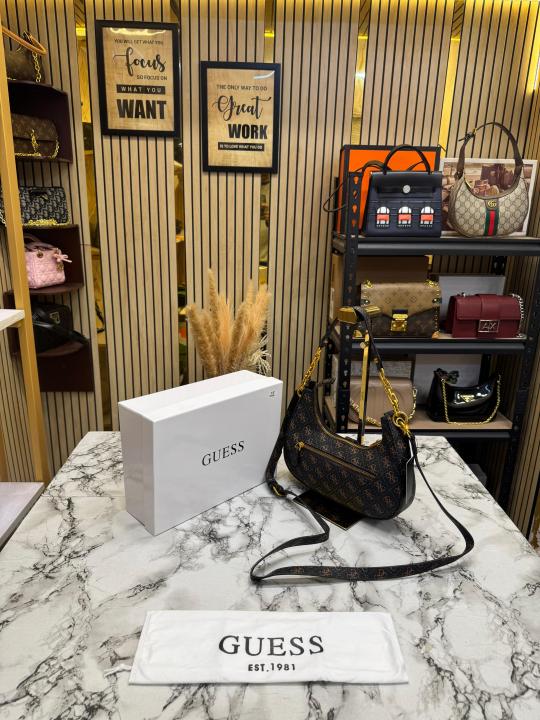 Guess Signature Crescent Hobo Shoulder Bag With Gold Chain (Stone Beige)