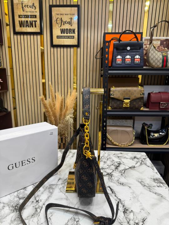 Guess Signature Crescent Hobo Shoulder Bag With Gold Chain (Stone Beige)