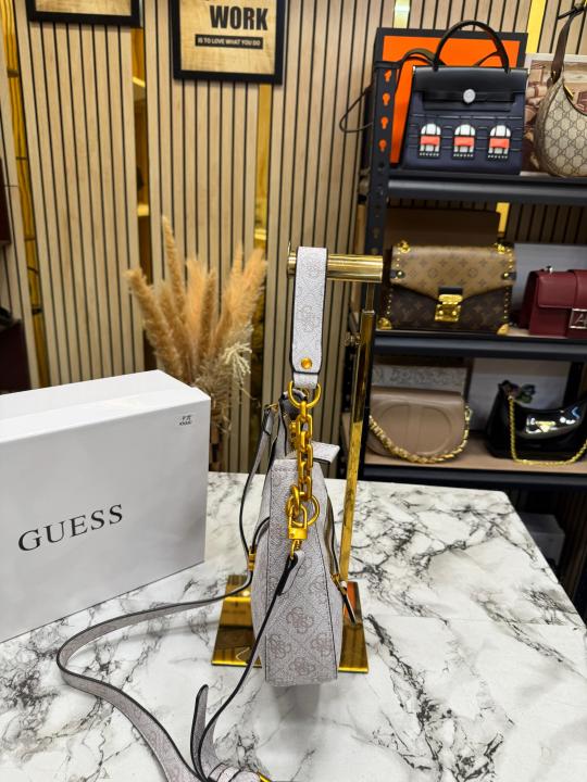 Guess Signature Crescent Hobo Shoulder Bag With Gold Chain (White)