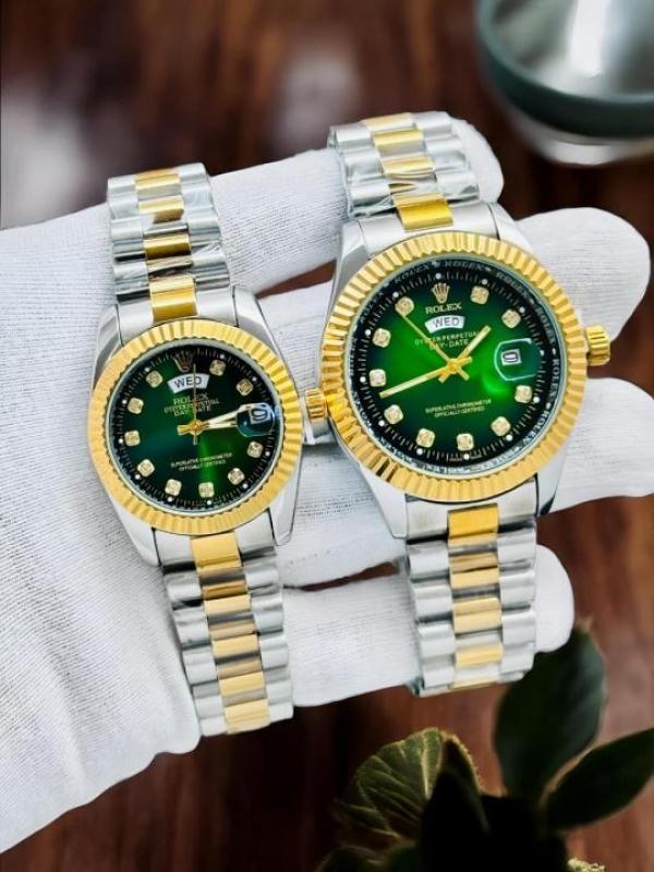 Roleex Couple Oyster Perpetual Day Date Green Twotone