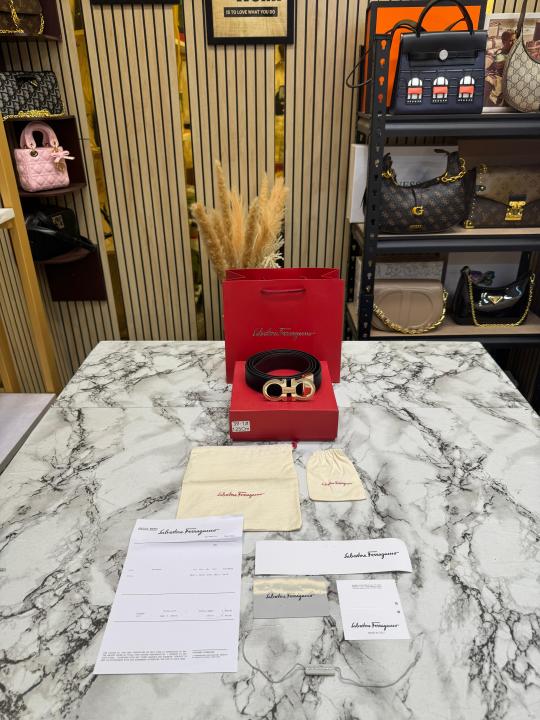 Salvatore_Ferragamo Double Gancini Gold Buckle Leather Belt (39-1)