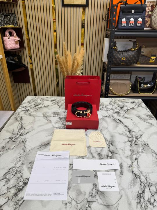 Salvatore_Ferragamo Double Gancini Gold Buckle Leather Belt (39-2)