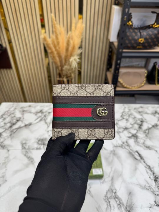 Gucc_i Signature GG Canvas Web Stripe Leather Trim Wallet (Brown) (C4128)