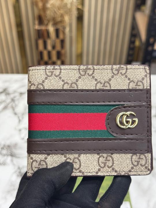 Gucc_i Signature GG Canvas Web Stripe Leather Trim Wallet (Brown) (C4128)