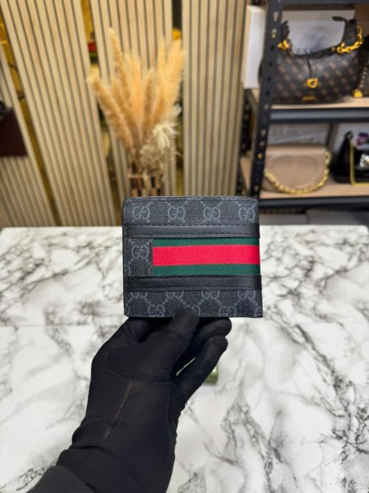 Gucc_i Signature GG Canvas Web Stripe Leather Trim Wallet (Black) (C4130)