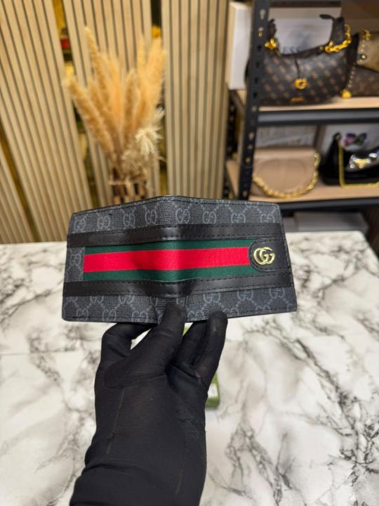 Gucc_i Signature GG Canvas Web Stripe Leather Trim Wallet (Black) (C4130)