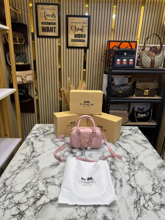 Coac_h Mini Boston Top Handle Crossbody Bag with Charm Chain With Box And Dust Bag (Pink-8080)