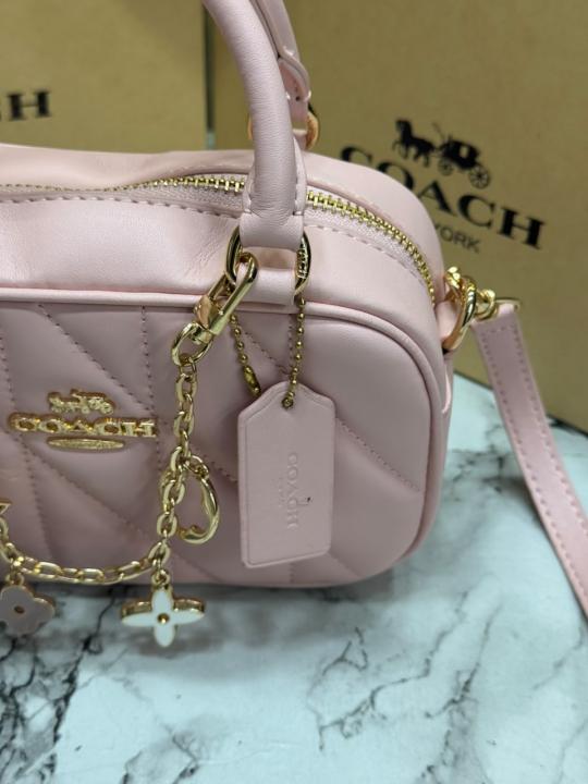 Coac_h Mini Boston Top Handle Crossbody Bag with Charm Chain With Box And Dust Bag (Pink-8080)