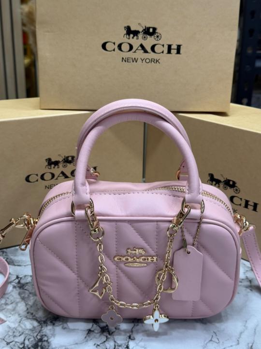 Coac_h Mini Boston Top Handle Crossbody Bag with Charm Chain With Box And Dust Bag (Pink-8080)